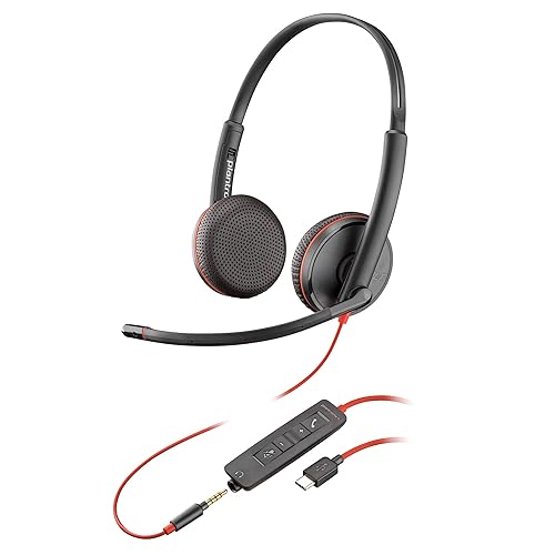Schnurgebundenes Headset Poly Blackwire 3225 – Noise Cancelling-Mikrofon – Stereo-Design – Verbindung mit PC/Mac/Mobilgeräten über USB-C, USB-A oder 3,5 mm – Kompatibel mit Teams, Zoom von Poly