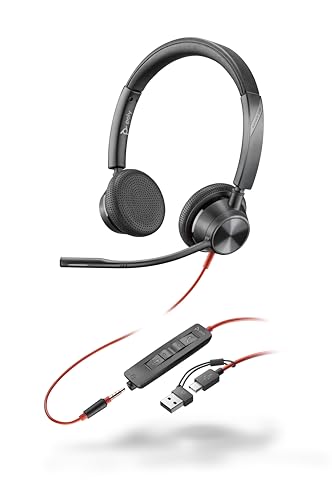 Schnurgebundenes Headset Poly Blackwire 3325 – Flexibler Mikrofonarm – Hi-Fi-Stereo – Verbindung mit PC/Mac/Mobilgeräten über USB-C, USB-A oder 3,5 mm – Kompatibel mit Teams, Zoom von Poly