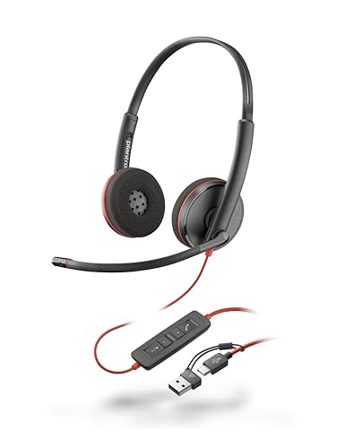 Schnurgebundenes USB-C-Headset Poly Blackwire 3220 – Noise Cancelling-Mikrofon – Stereo-Design – Verbindung mit PC/Mac über USB-C oder USB-A – Kompatibel mit Teams, Zoom von Plantronics