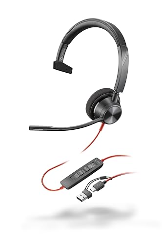 Schnurgebundenes USB-C-Headset Poly Blackwire 3310 – Flexibler Mikrofonarm – Monaurales Design – Verbindung mit PC/Mac über USB-C oder USB-A – Kompatibel mit Teams, Zoom von Plantronics