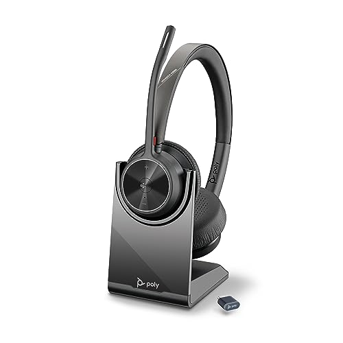 Schnurloses Poly Voyager 4320 UC-Headset und Ladestation – Stereo-Kopfhörer mit Noise Cancelling-Mikrofonarm, Verbindung mit PC/Mac/Mobiltelefon über Bluetooth, Kompatibel: Teams (zertifiziert), Zoom von Plantronics