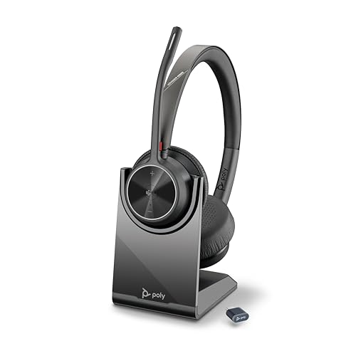 Schnurloses Poly Voyager 4320 UC-Headset und Ladestation – Stereo-Kopfhörer mit Noise Cancelling-Mikrofonarm, Verbindung mit PC/Mac/Mobiltelefon über Bluetooth, Kompatibel: Teams (zertifiziert), Zoom von Poly