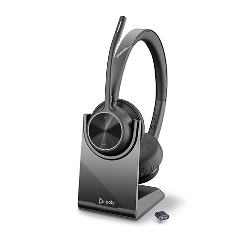 Schnurloses Poly Voyager 4320 UC-Headset und Ladestation – Stereo-Kopfhörer mit Noise Cancelling-Mikrofonarm – Verbindung mit PC/Mac/Mobiltelefon über Bluetooth – Kompatibel mit Teams, Zoom & mehr von Poly