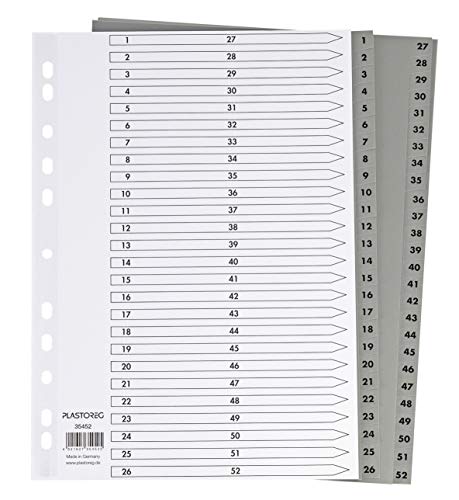 2er Set 52-teiliges Register/Trennblätter aus PP, DIN A4 mit Zahlen 1-26+27-52, volldeckend+praktischem Deckblatt aus stabilem Papier zum Beschriften. Trenn-Blätter für die Ordner-Organisation im Büro von Plastoreg