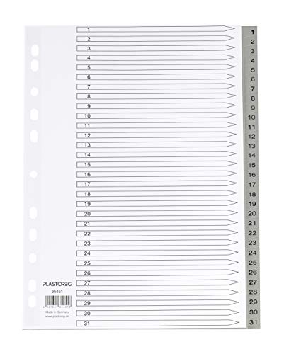 3er Set 31-teiliges Register/Trennblätter aus PP, DIN A4 mit Zahlen 1-31, volldeckend + praktischem Deckblatt aus stabilem Papier zum Beschriften. Trenn-Blätter für die Ordner-Organisation im Büro von Plastoreg