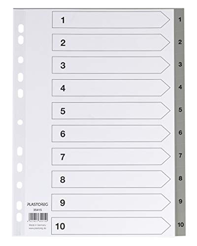 5er Set 10-teiliges Register/Trennblätter aus PP, DIN A4 mit Zahlen 1-10, volldeckend + praktischem Deckblatt aus stabilem Papier zum Beschriften. Trenn-Blätter für die Ordner-Organisation im Büro von Plastoreg