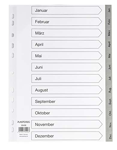 5er Set 12-teiliges Register/Trennblätter aus PP für DIN A4 mit Monaten Jan-Dez + praktischem Deckblatt aus stabilem Papier zum Beschriften. Trenn-Blätter für die Ordner-Organisation im Büro. von Plastoreg