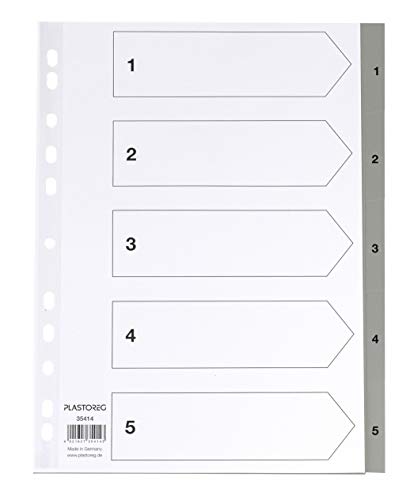 5er Set 5-teiliges Register/Trennblätter aus PP, DIN A4 mit Zahlen 1-5, volldeckend, grau praktischem Deckblatt aus stabilem Papier zum Beschriften. Trenn-Blätter für die Ordner-Organisation im Büro von Plastoreg