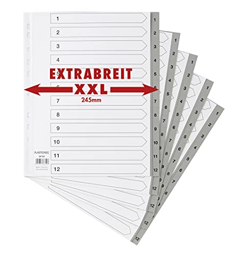 5er Set XXL 12-teiliges Register/Trennblätter extra breit aus PP, DIN A4+ mit Zahlen 1-12, volldeckend mit Deckblatt aus stabilem Papier. Trenn-Blätter überbreit für die Ordner-Organisation im Büro von Plastoreg