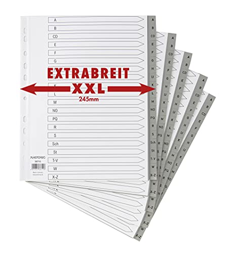 5er Set XXL 20-teiliges Register/Trennblätter extra breit aus PP DIN A4+ mit Buchstaben A-Z, volldeckend + praktischem Deckblatt aus Papier. Trenn-Blätter überbreit für die Ordner-Organisation im Büro von Plastoreg