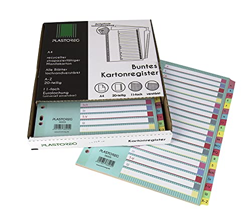 6er Pack 20-teiliges DIN-A4 Register/Trennblätter mit Buchstaben A-Z, aus recyceltem Karton, in praktischer Spenderbox, verstärkte Lochung mit Deckblatt, Trenn-Blätter in 5 Farben von Plastoreg