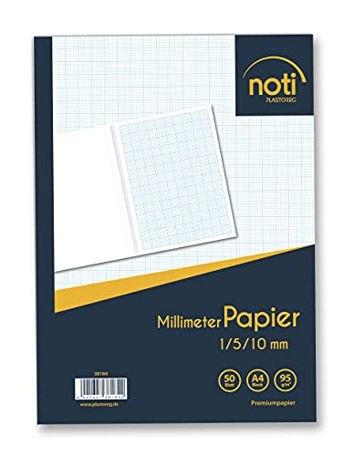 Millimeterpapier/Millimeterblock A4-50 Seiten Premiumpapier 95g/m² mit blauen Raster/Linien in 1/5/10mm u.a. für technische Zeichnungen von Plastoreg