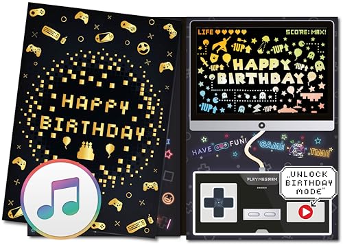Gaming-Musikkarte, Bildschirm mit LED-Lichtspiel, 8-Bit Musik, Controller mit Playtaste, wiederaufladbarer Akku, Spaßige Geburtstagskarte von PlayMegram