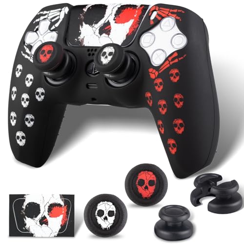 PlayRealm Silicone Skin Cover& Sticker x 1 & No Falling off Thumbstick x 2 for PS5 Controller (Skulls RW) von PlayRealm