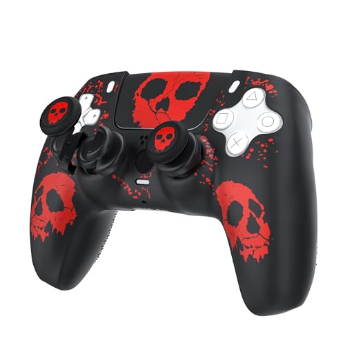 PlayRealm Silikon-Schutzhülle & Sticler x 1 & Kein Herunterfallen von Thumbstick x 2 für PS5 Controller (Ghost Face Red) von PlayRealm