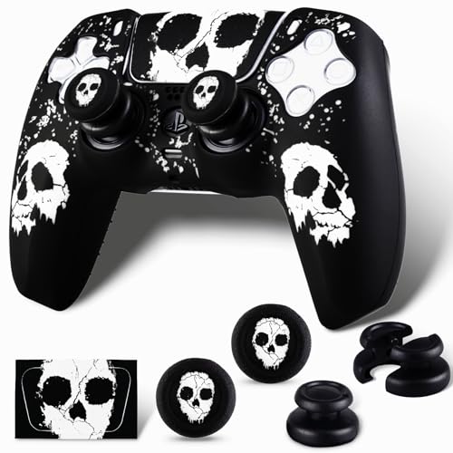 PlayRealm Silikon-Schutzhülle & Sticler x 1 & Kein Herunterfallen von Thumbstick x 2 für PS5 Controller (Ghost Face White) von PlayRealm