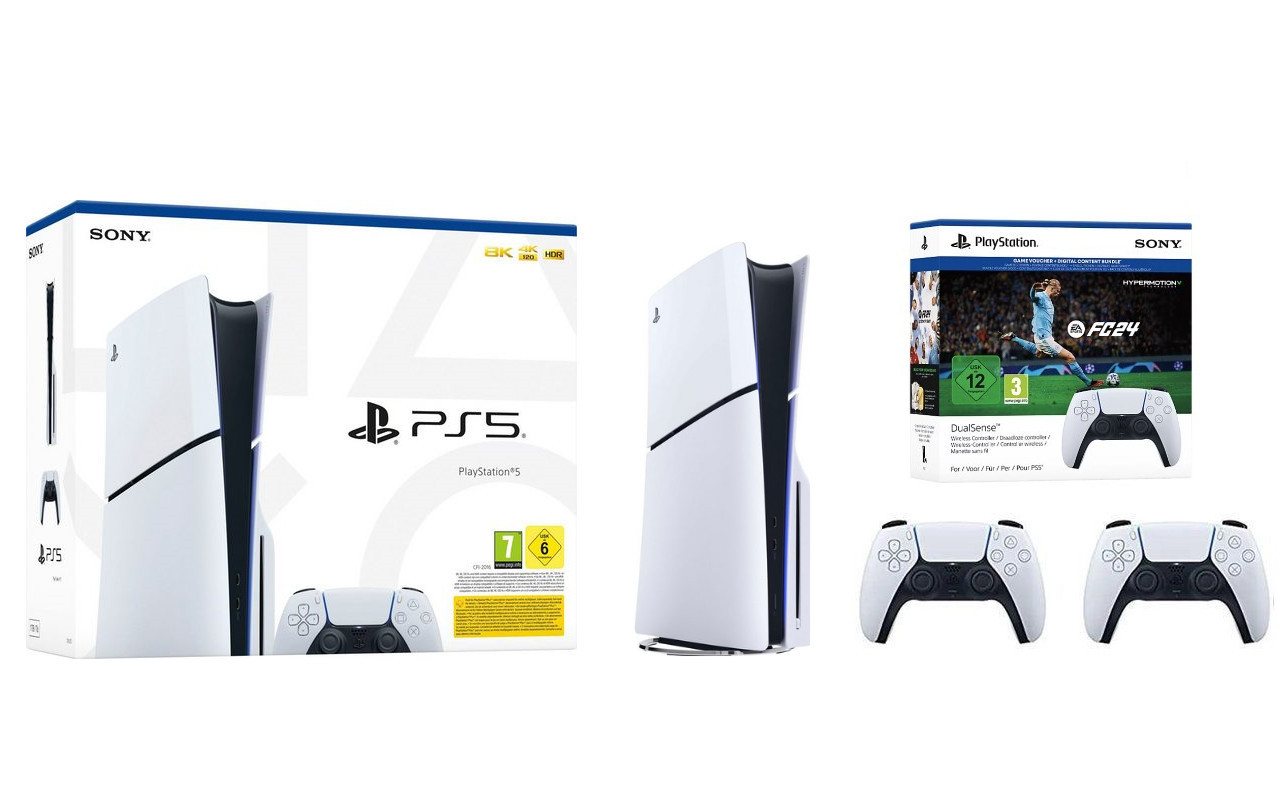 Playstation 5 Disk Edition (Slim) (2, inkl. 2. Controller (weiß) + FC24 (Spielcode) von Playstation