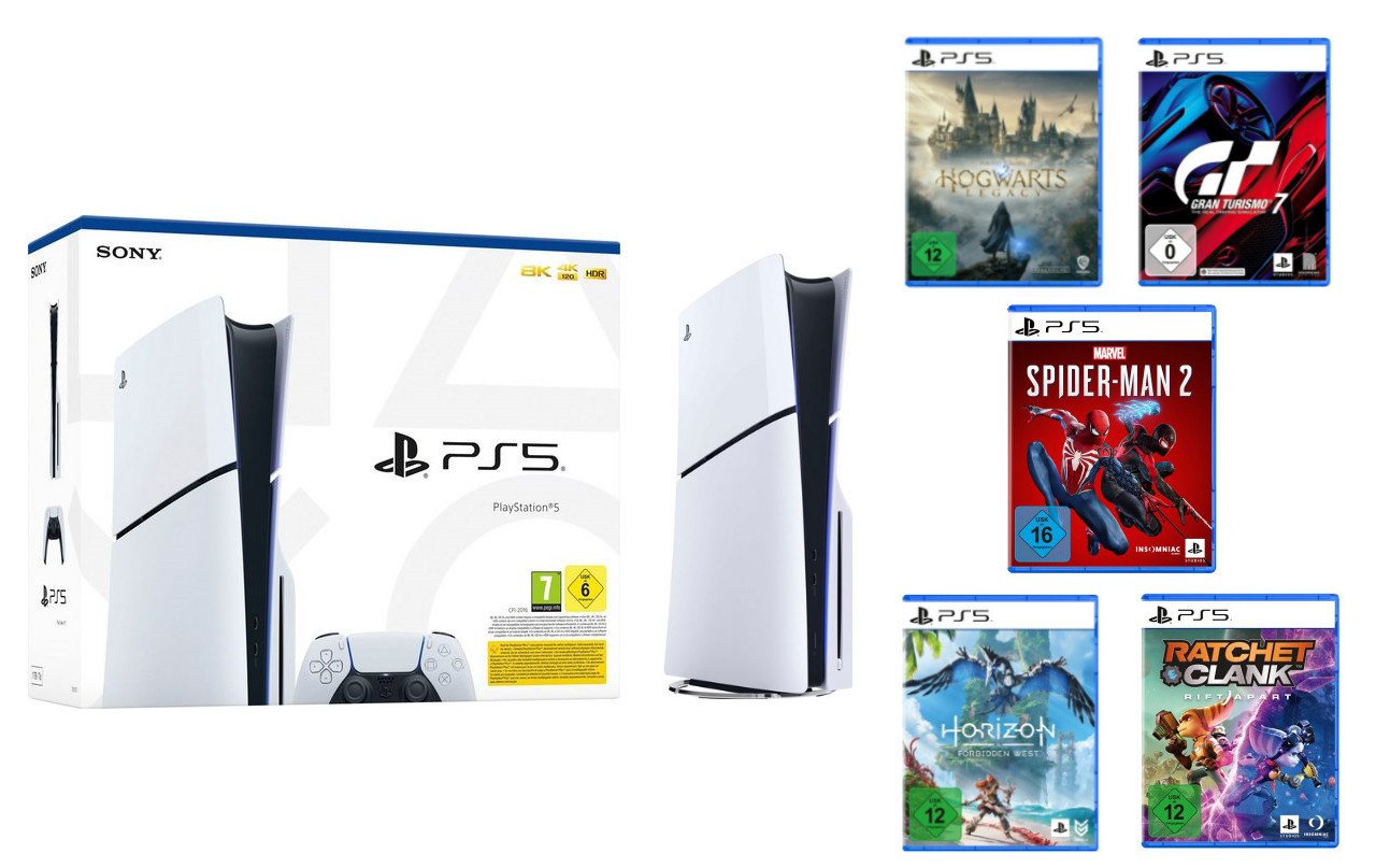 Playstation 5 Disk Edition (Slim) (Konsolen-Bundle, inkl.Hogwarts Legacy,SpiderMan2,Gran Turismo 7,HorizonFW,Ratchet&Clank) von Playstation