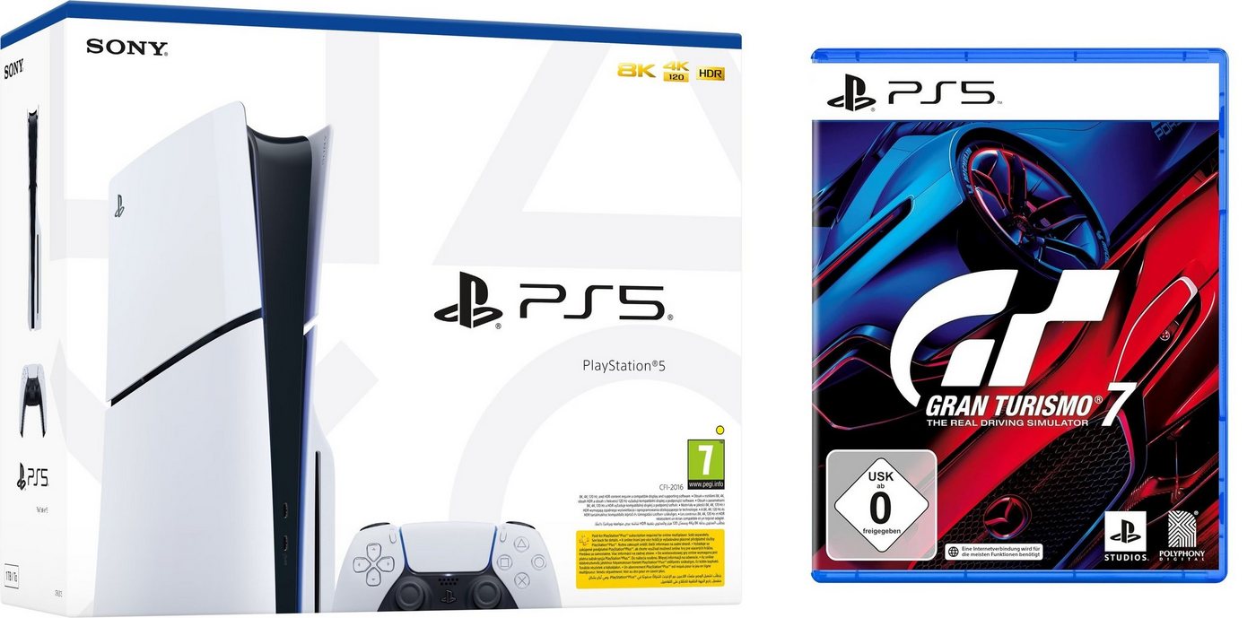 Playstation PS5 Konsole Slim Disk Laufwerk + Gran Turismo 7 Spiel Bundle 1TB (Bundle), Bundle Set Console von Playstation