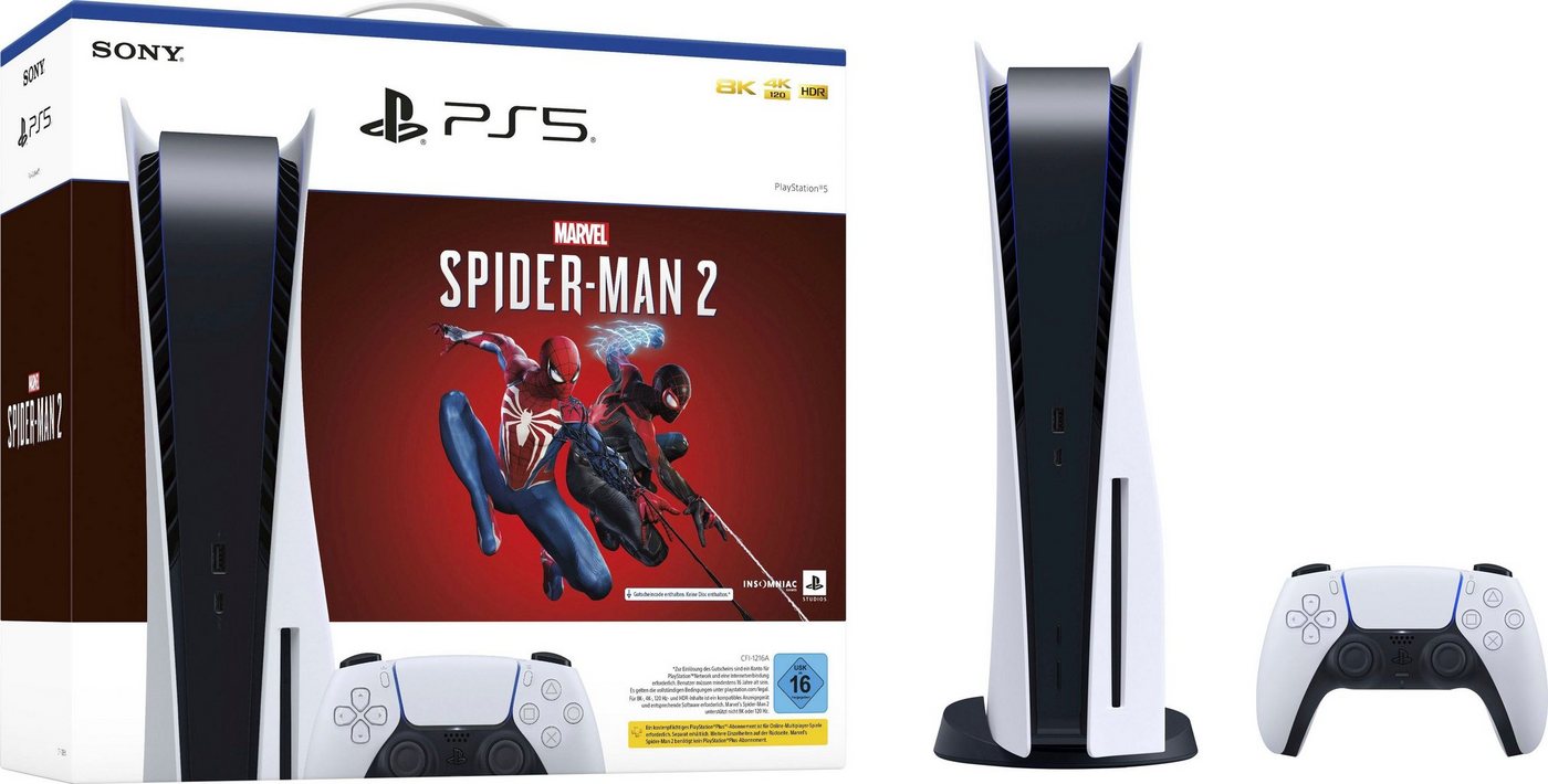 Playstation PlayStation 5 Konsole + PS5 Spiel Marvel’s Spider-Man 2 CODE (Bundle), Disk Laufwerk Console mit Spiderman 2 Gutschein Code von Playstation