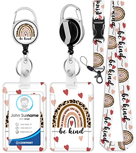 Plifal Ausweishalter mit Umhängeband und einziehbarem AbzeichenClip, Regenbogen Boho Be Kind Leopard Karte Namensschild Umhängeband Vertikaler Ausweisschutz Bage Clips für Krankenschwester von Plifal