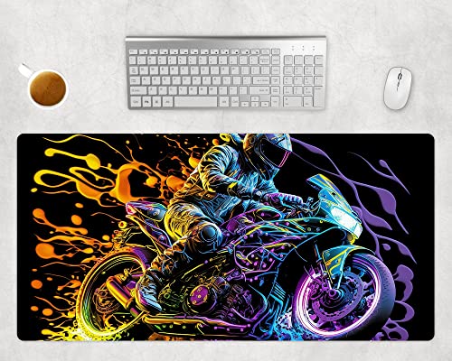 Gaming Mauspad XXL Neon Motorrad - 800 x 400 mm - Vernähte Ränder - Schreibtischunterlage Groß Rutschfest Und Wasserdicht - Biker Gamer Mousepad von PlimPlom