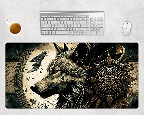 Gaming Mauspad XXL Wikinger Wolf Schreibtischunterlage PC Unterlage Rutschfest Mousepad Groß Büro Deko Viking Mouse Pad Schreibtischmatte von PlimPlom
