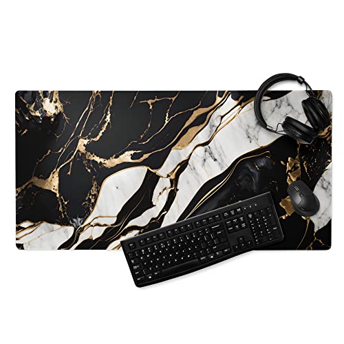 Marmor Gold Look Schreibtischunterlage Groß Gaming Mauspad XXL Vernähte Ränder Rutschfest Gamer Mouse Pad PC Computer Zubehör Mausmatte (80x40cm) von PlimPlom