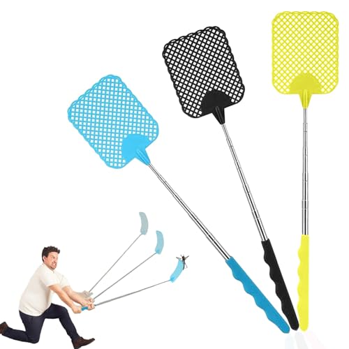 Plstod Fliegenklatsche Ausziehbar 3 Stück, Teleskop Fliegenklatsche Stabil, Fly Swatter für Verwendet, Um Fliegen, Wespen, Mücken Und Andere Insekten Abzuwehren (Schwarz, Blau，Gelb) von Plstod