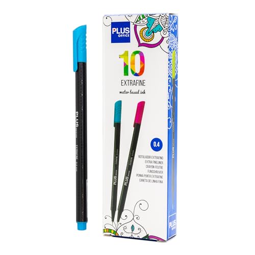 Plus Office 10 Filzstifte mit feiner Spitze, 0,4 mm, ideal zum Schreiben, Malen und Zeichnen, Schulstifte mit feiner Spitze, bunte Tinte auf Wasserbasis (Himmelblau) von Plus Office