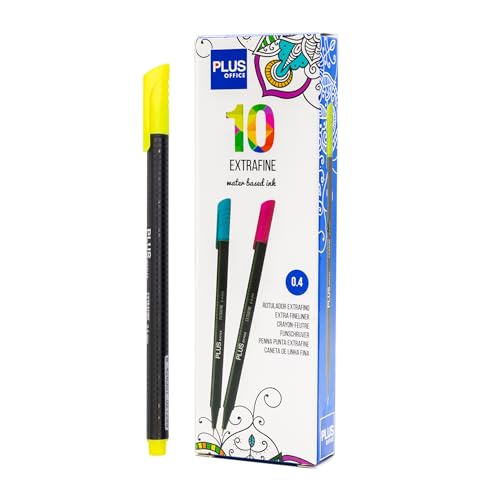 Plus Office 10 Filzstifte mit feiner Spitze, 0,4 mm, ideal zum Schreiben, Malen und Zeichnen, Schulstifte mit feiner Spitze, bunte Tinte auf Wasserbasis (Neongelb) von Plus Office