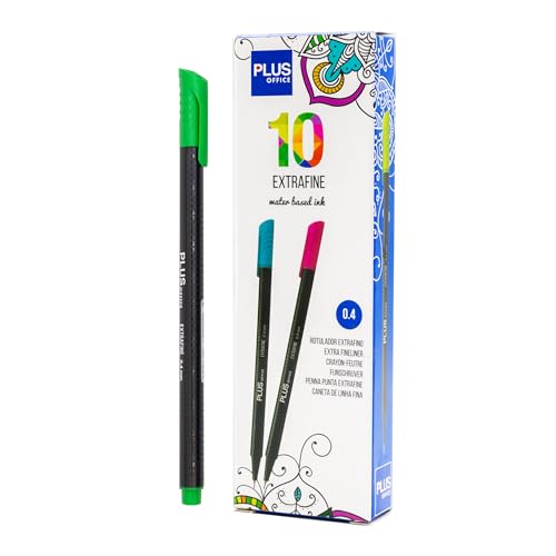 Plus Office 10 Filzstifte mit feiner Spitze, 0,4 mm, ideal zum Schreiben, Malen und Zeichnen, Schulstifte mit feiner Spitze, bunte Tinte auf Wasserbasis (grün) von Plus Office