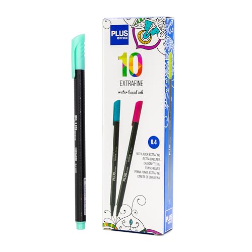 Plus Office 10 Filzstifte mit feiner Spitze, 0,4 mm, ideal zum Schreiben, Malen und Zeichnen, Schulstifte mit feiner Spitze, farbige Tinte auf Wasserbasis (Türkis) von Plus Office