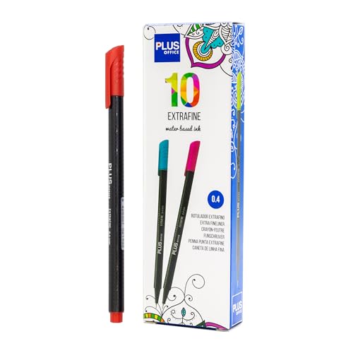 Plus Office 10 Filzstifte mit feiner Spitze, 0,4 mm, ideal zum Schreiben, Malen und Zeichnen, Schulstifte mit feiner Spitze, farbige Tinte auf Wasserbasis (rot) von Plus Office