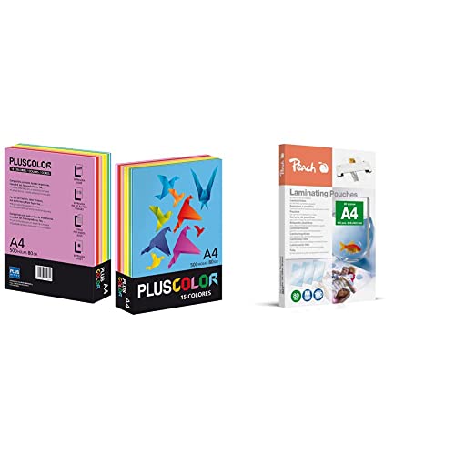 Plus Office Color 002210 – Papier, 500 Blatt, 80 g, 15 Farben, A4 & Peach PP580-02 Laminierfolien, DIN A4, 80 mikron, 100 Stück von Plus Office
