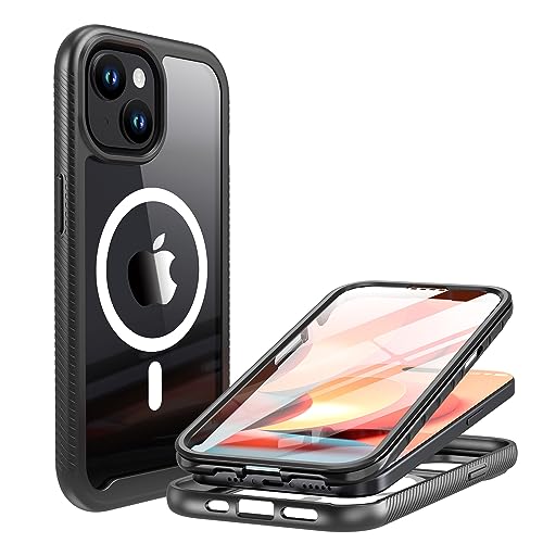 PlusAcc Magnetic Hülle für iPhone 15 6.1 Zoll - 360 Grad Schutz mit integriertem schutzfolie Militärnorm hardcase, Kompatibel mit MagSafe iPhone 15 stoßfest Clear handyhülle (Schwarz) von PlusAcc