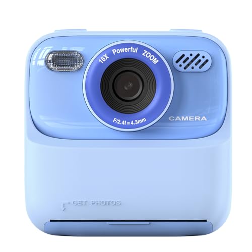 Kids Camera Instant Print, Dual-Objektiv 48MP Digitalkamera für Jungen Mädchen, 1080p HD-Video, 2,4-Zoll-Bildschirm, Selfie-Kamera mit 32-GB-Karte, 2 Rollendruckerpapier (Blue) von Plyisty