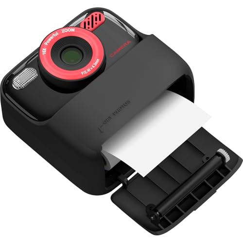 Kids Camera Instant Print, Dual-Objektiv 48MP Digitalkamera für Jungen Mädchen, 1080p HD-Video, 2,4-Zoll-Bildschirm, Selfie-Kamera mit 32-GB-Karte, 2 Rollendruckerpapier (Schwarz Rot) von Plyisty