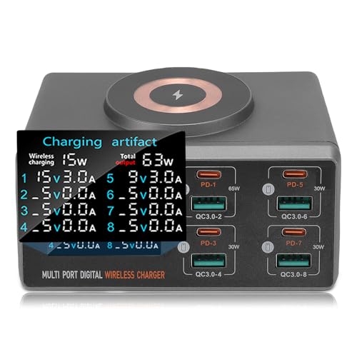 Ladestation, 140 -W -Desktop -Ladegerät mit LCD -Display, Multi -Port mit 65W PD, QC3.0, 15W Magnetischem Drahtloses Ladung, Stützen Sie 9 Geräte Gleichzeitig (EU-Stecker) von Plyisty