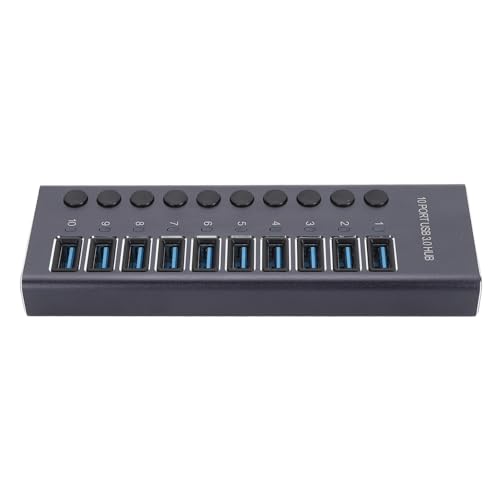 USB 3.0-Hub, 10-Port-Hub-Splitter, Einzelner Schalter mit LED-Licht, 12 V 5 A Netzteil, 5 Gbit/s Hochgeschwindigkeits-Datenübertragung, für Maus, Tastatur, Flash-Laufwerk, von Plyisty