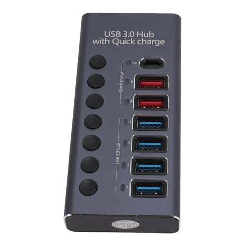 USB 3.0-Hub, 7-Port-Hub-Splitter, Individueller Schalter mit LED-Licht, 12 V 3 A Netzteil, 5 Gbit/s Hochgeschwindigkeits-Datenübertragung, für Notebook, Desktop, Digital-TV von Plyisty