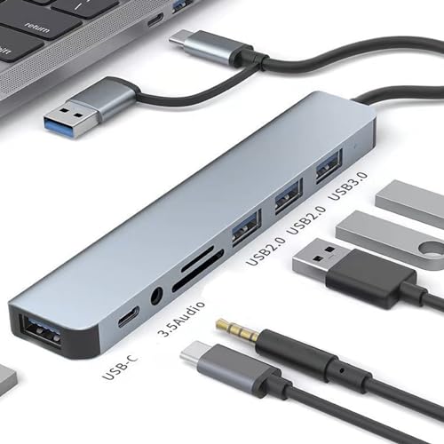 USB-C-HUB, 8-in-1-USB-C-Adapter mit 3 USB 2.0, 1 USB 3.0, 1 USB C, 1 3,5-mm-Sound, Kartenleser, USB C PD, USB 3.0-Hub-Multiport-Adapter für Telefon, Tablet von Plyisty