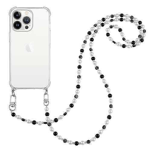 Pnakqi Handykette Perlen für Huawei P30 Pro 6.47" Hülle mit Band, TPU Silikon Stoßfest Ultradünn Transparent Handyhülle mit Smile Handy Kette zum Umhängen Necklace Chian Case, Schwarz von Pnakqil