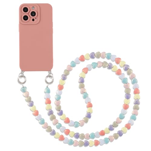 Pnakqi Handykette Perlen für iPhone 11 6.1" Hülle mit Band, TPU Silikon Stoßfest Ultradünn Handyhülle mit Herz Handy Kette zum Umhängen Necklace Chian Schultergurt Case, Rosa von Pnakqil