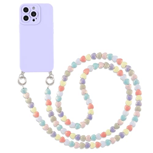 Pnakqi Handykette Perlen für iPhone 12 6.1" Hülle mit Band, TPU Silikon Stoßfest Ultradünn Handyhülle mit Herz Handy Kette zum Umhängen Necklace Chian Schultergurt Case, Lila von Pnakqil