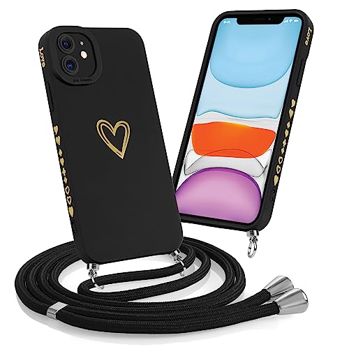 Pnakqil Handyhülle für iPhone 11 Hülle mit Band, Weiches Silikon Schutzhülle mit Herz Love Muster, Hüllen mit um Umhängen Kordel Handykette für iPhone 11, Schwarz von Pnakqil