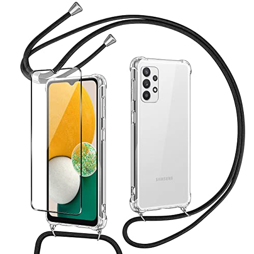 Pnakqil Handykette Hülle Kompatibel mit Samsung Galaxy A13 4G mit Displayschutzfolie, Necklace Handyhülle mit Kordel Schnur zum Umhängen Silikon Case für Samsung a13 4g mit Band, Schwarz von Pnakqil