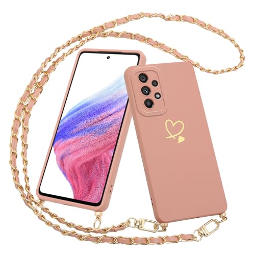 Pnakqil Handykette Hülle für Samsung Galaxy A53 5G 6.5" Gold Herz Motiv mit Band, TPU Silikon Stoßfest Ultradünn Handyhülle mit Metallkette zum Umhängen Necklace, Aesthetic Case Cover,Rose von Pnakqil