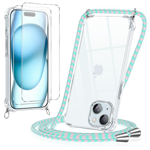 Pnakqil Handykette Hülle für iPhone 15 Hülle mit Band + 2 Stück Glas Schutzfolie Transparent Silikon Handyhülle mit Kette Schutzhülle für iPhone 15 Grün Rosa Pnakqil Handykette Hülle für iPhone 15 Hülle mit Band + 2 Stück Glas Schutzfolie Transparent Silikon Handyhülle mit Kette Schutzhülle für iPhone 15 Grün Rosa von Pnakqil