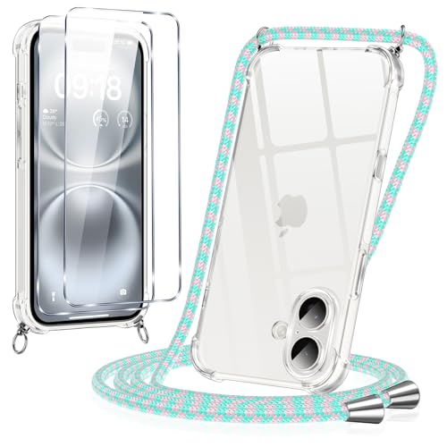 Pnakqil Handykette Hülle für iPhone 16 Plus Hülle mit Band + 2 Stück Glas Schutzfolie Transparent Silikon Handyhülle mit Kette Schutzhülle für iPhone 16 Plus Grün Rosa Pnakqil Handykette Hülle für iPhone 16 Plus Hülle mit Band + 2 Stück Glas Schutzfolie Transparent Silikon Handyhülle mit Kette Schutzhülle für iPhone 16 Plus Grün Rosa von Pnakqil